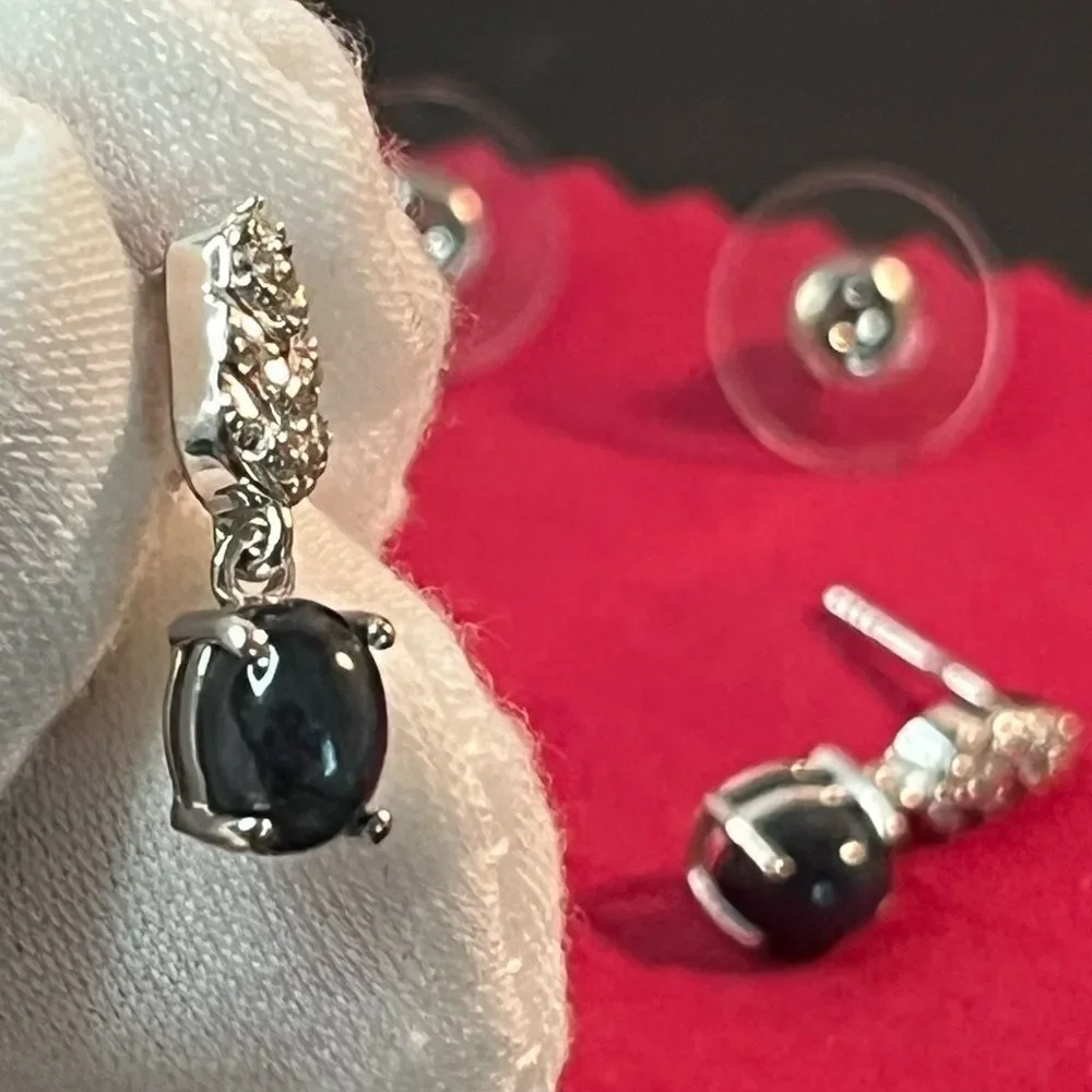 Blue Star Sapphire & Natural White Zircon Dangle Earrings Platinum / Sterling